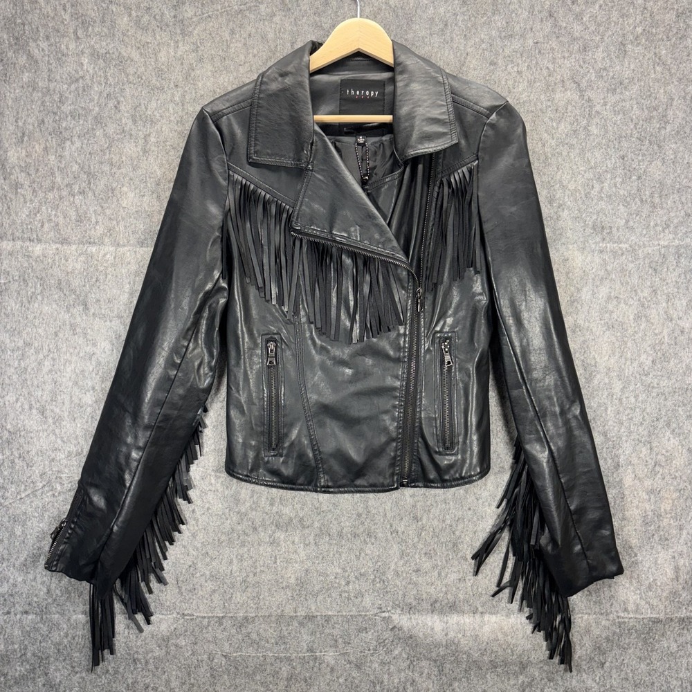 Therapy Fringed Women Medium Jacket Black Motorcycle Biker Hippie Faux Western